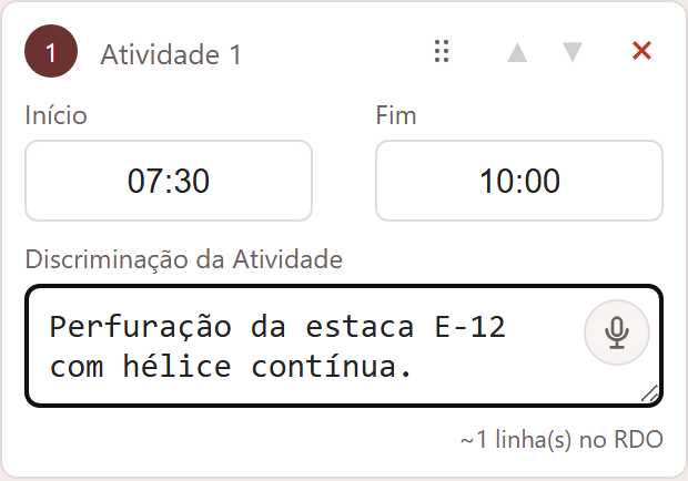 Tela de atividades do RDO, com arrastar e ditado por voz