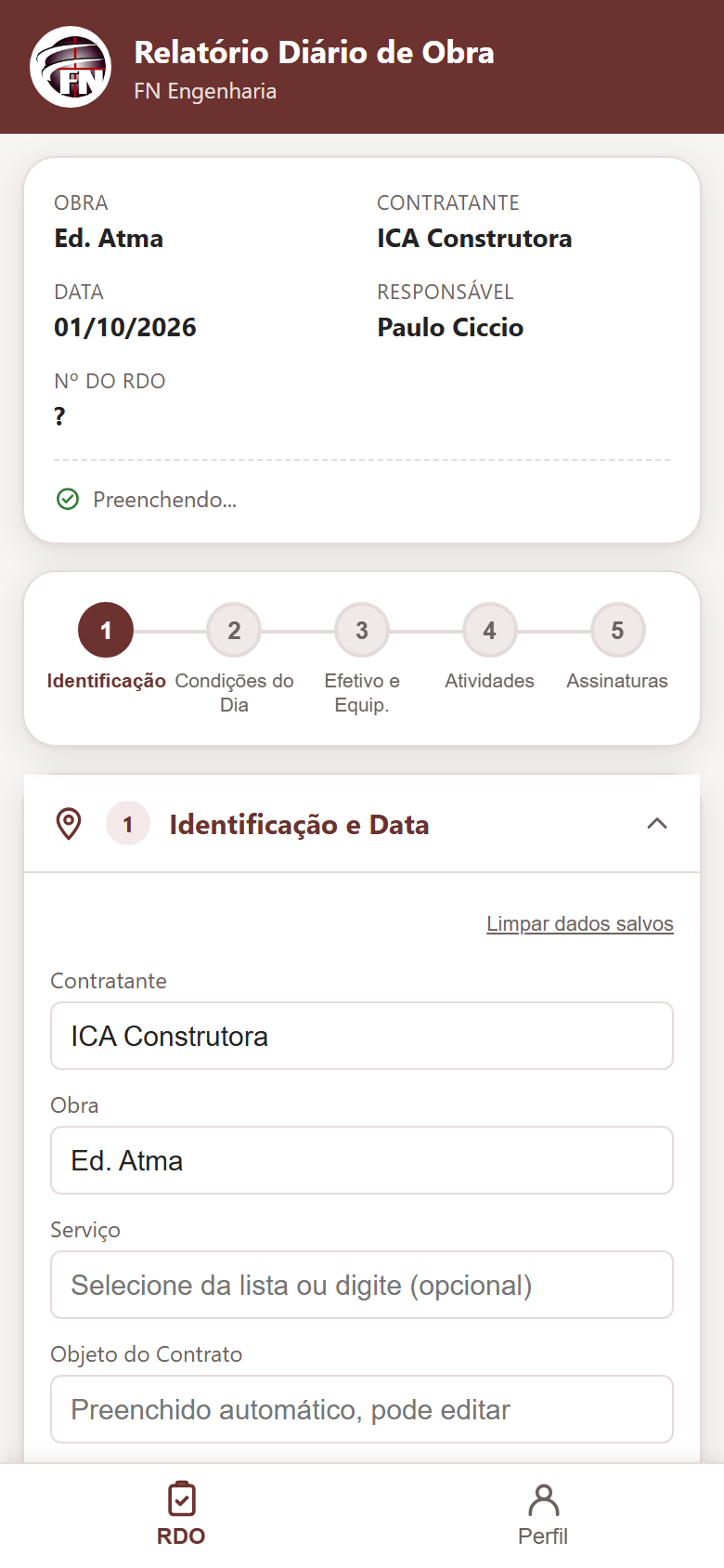 Tela do RDO preenchida com dados da obra